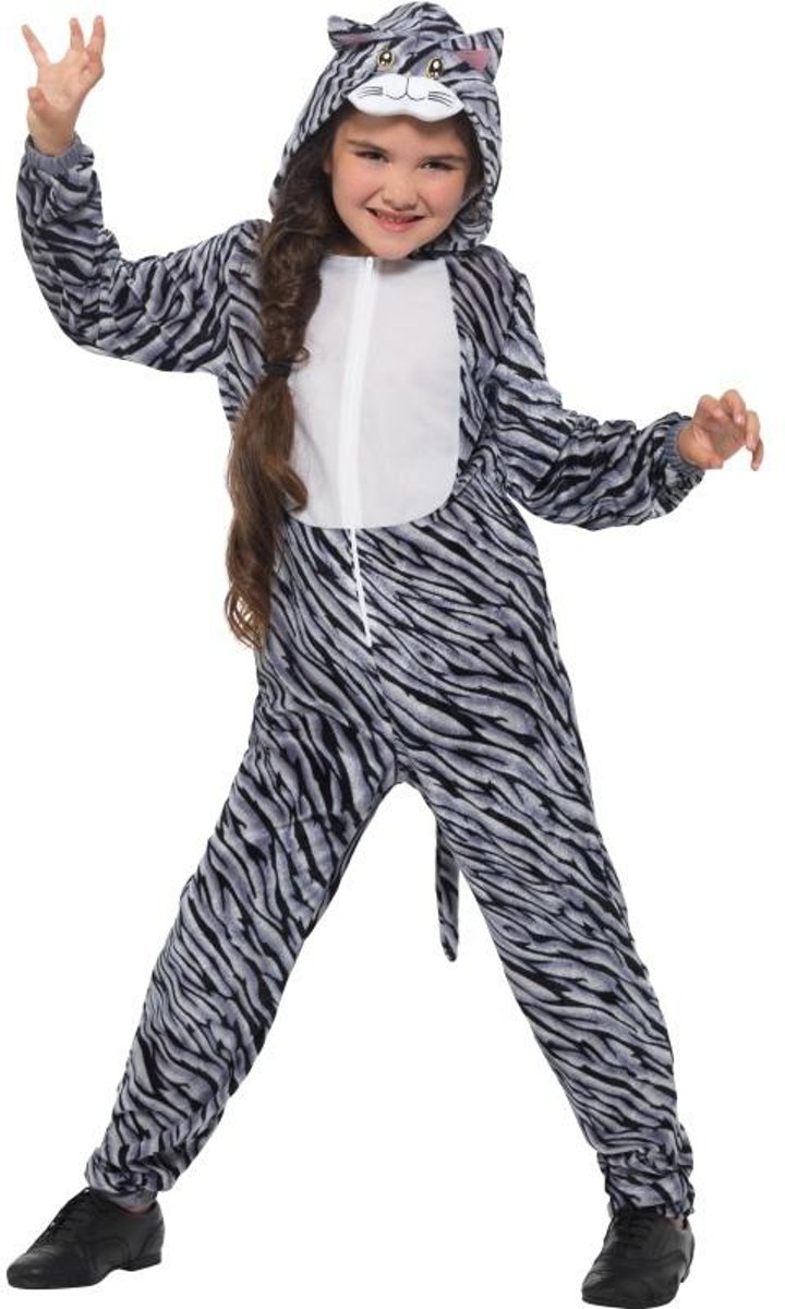 Poes & Kat Kostuum | Grijs Gestreepte Poes Kostuum | Small | Carnaval kostuum | Verkleedkleding